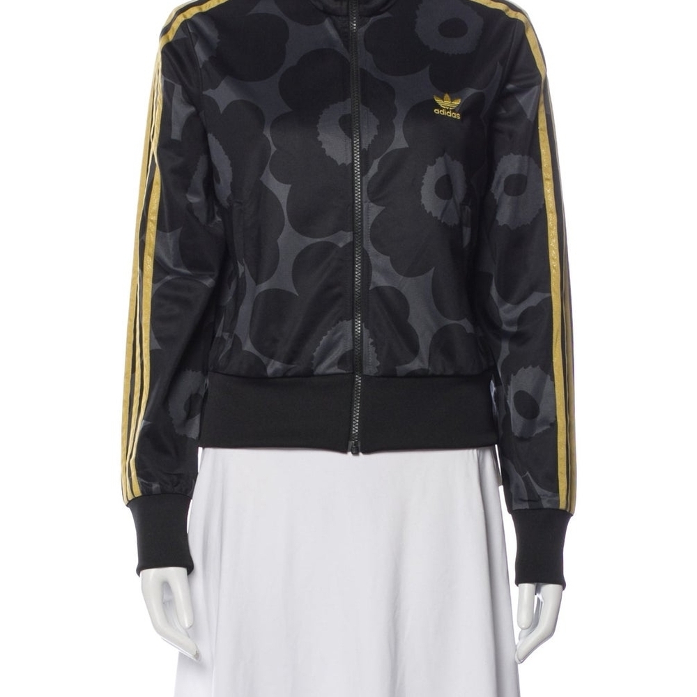 Adidas X Marimekko LARGE Black & Gold Floral-Striped Bomber Track Jacket NWOT